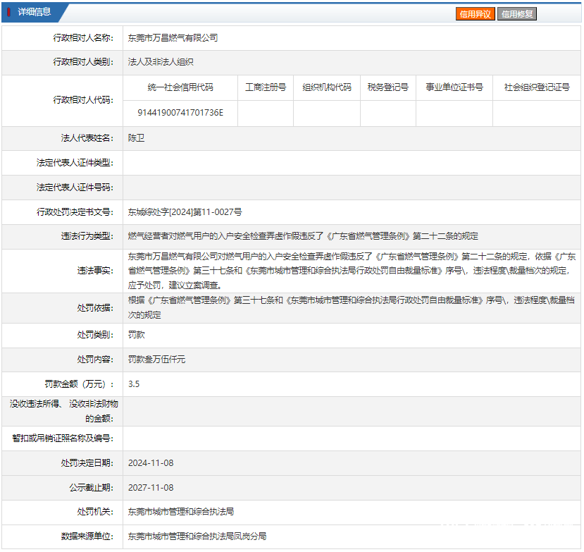 入户安检弄虚作假，东莞一燃气公司被罚3.5万元